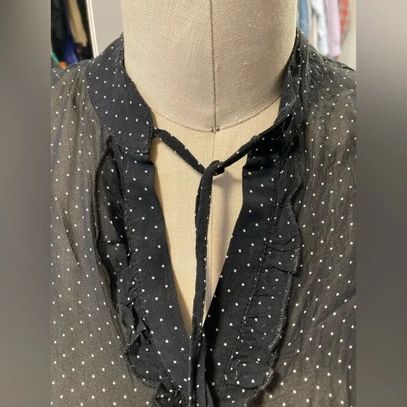 Lapis Black Sheer Polka Dot Popover Blouse, Short Puff Sleeve, Size Medium - Picture 4 of 11